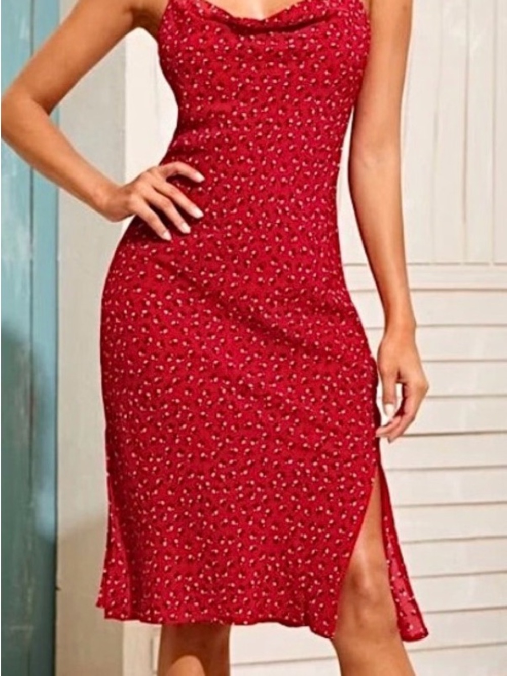 Red Slip Midi Dress with Side Slit on both sides Size S